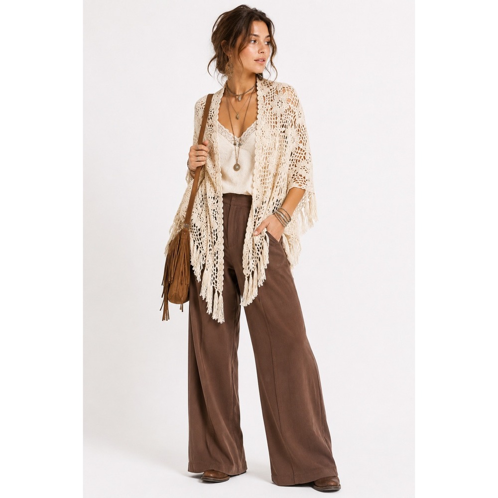 VTG 90s Crochet Floral Shawl Wrap Scarf Cream Fringe Boho Romantic Hippie Lacy
